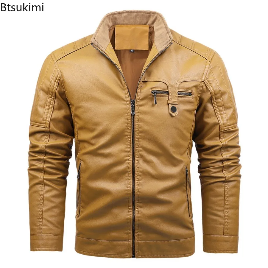 New Fashion Men's Stand Collar PU Leather Jackets Autumn Winter Thicken Warm Leather Coats Man Outdoor Motorcycle Riding Clothes