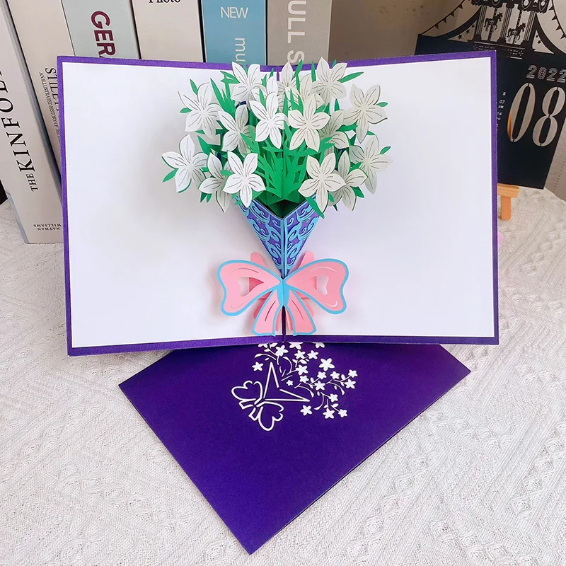 

3D pop-up greeting card Carnation/Lily/Rose bouquet Greeting card envelope for Mother's Day suitable for mom/wife/grandma 2pcs