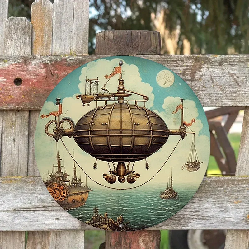 Vintage Airship Steampunk Wall Art,  Round 7.87inch Metal Sign, Aluminum Hanging Decor for Office, Bedroom, Bar, Living Room