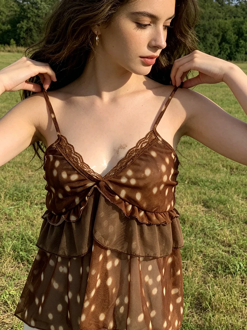 Modische Sexy Schlanke Pure Desire Damen-Weste Y2K Amerikanischer Retro-Leopardenprint Trägerhemd mit V-Ausschnitt und Doppellagiger Rüschenkante – Detail 5