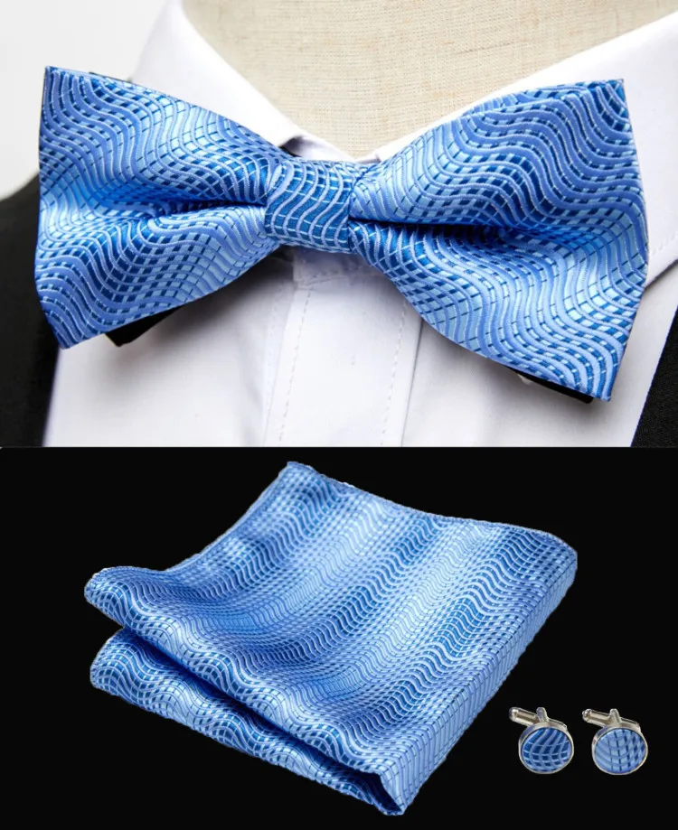 HUISHI Klassische blaue Fliege für Männer, Paisley-Blumenfliege, Einstecktuch, Manschettenknöpfe, Anzug-Set, Hochzeit, Party, kariert, solide Schmetterling – Detail 12