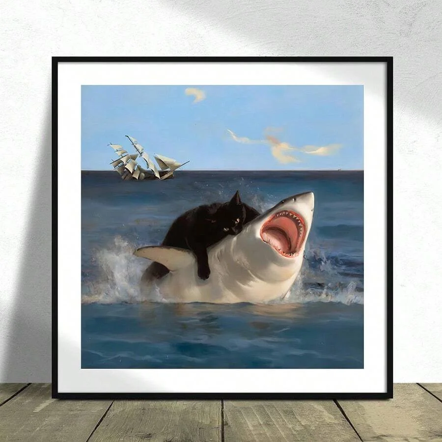 Fat cat and shark meme poster, renaissance painting style, funny cat mural, artwork wall painting, home and dorm decor