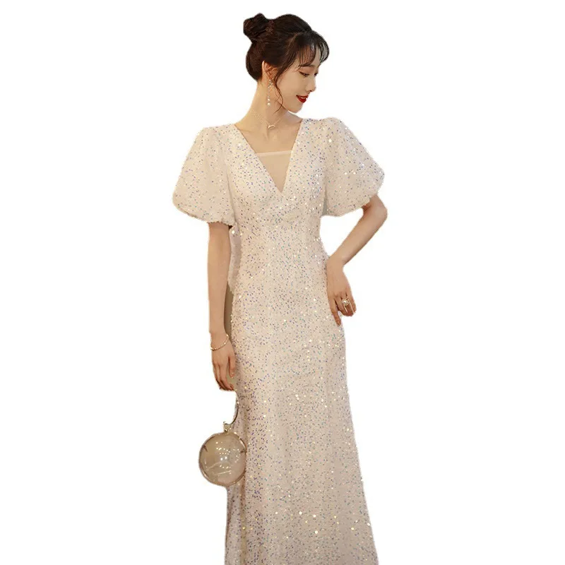 Abito da sera per banchetti da donna Design con paillettes a coda di pesce senza schienale per riunioni annuali, abbigliamento da donna