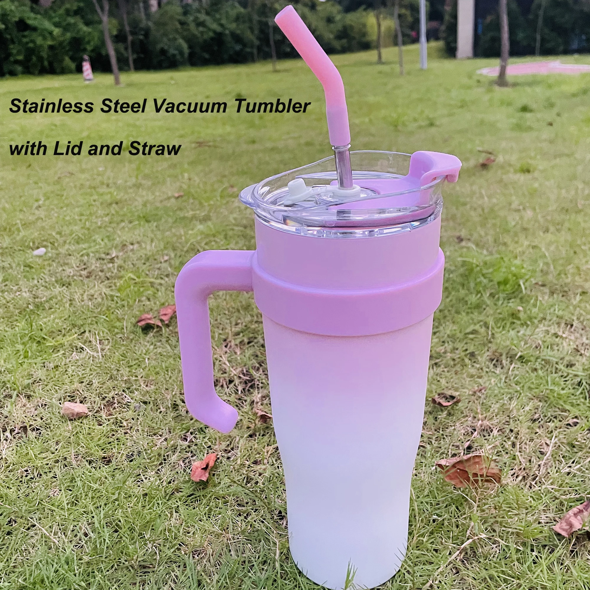 Pink Tumbler with Handle and Straw–Stainless Steel Vacuum Tumbler with Lid and Straw for Coffee, Travel Tumblers 1L