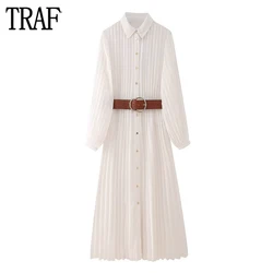 TRAF Pleated Shirt Dress Women Belt Chiffon Midi Dresses for Woman Long Sleeve Office Female Dress Summer 2024 Long Dress Woman