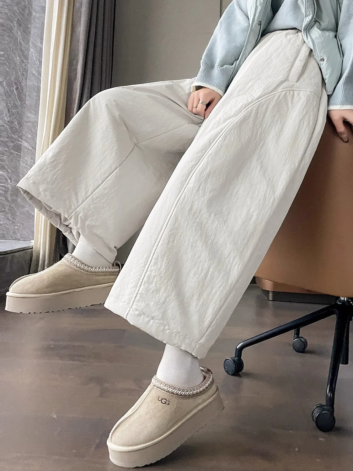 

Утепленные хлопковые брюки с широкими штанинами для женщин, осенне-зимние, с высокой талией, маленькие размеры, повседневные, укороченные (7/8)