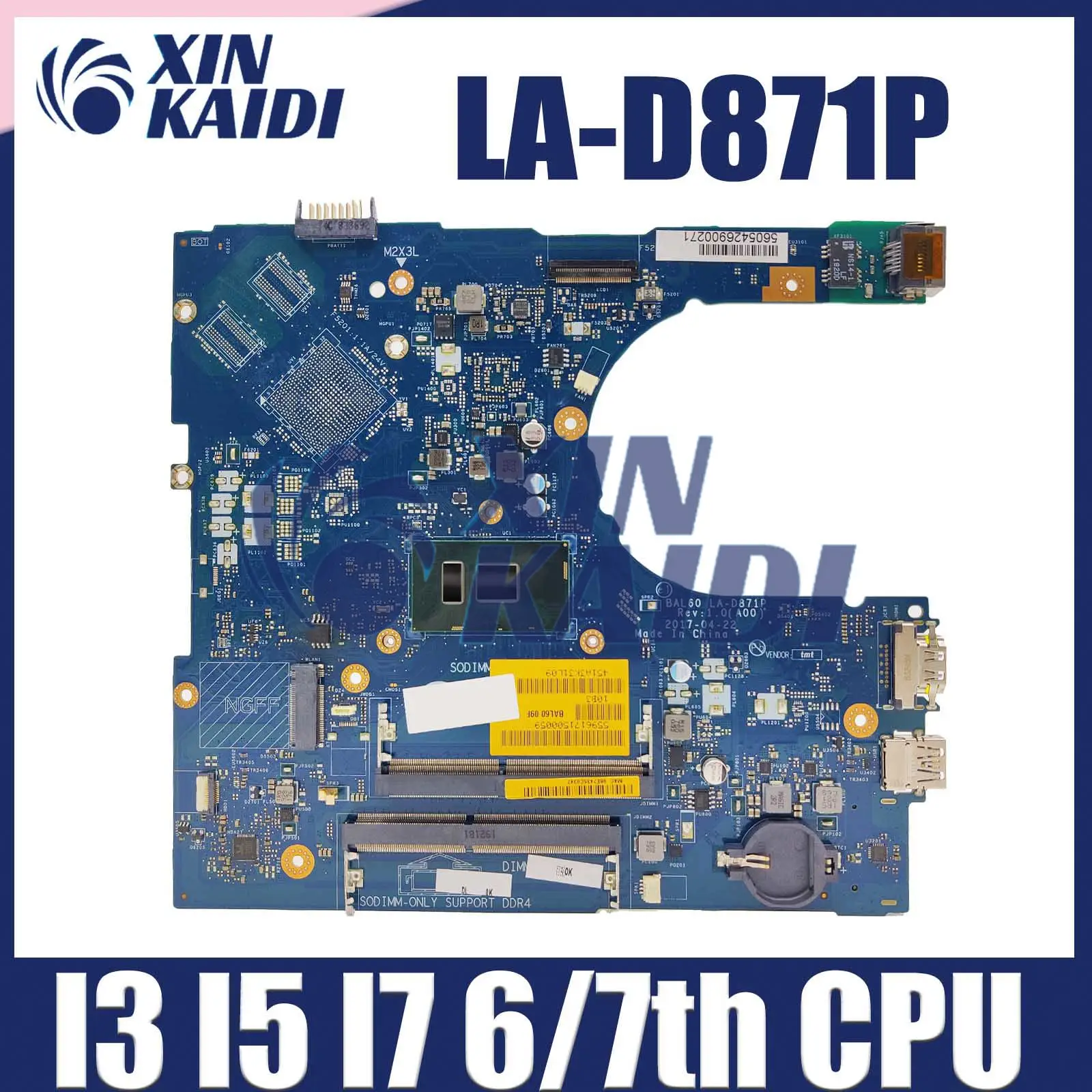 

Laptop Motherboard For DELL Inspiron 5566 5468 BAL60 CN-0J922J CN-02PX9P LA-D871P Notebook Mainboard i3 i5 i7 6th 7th CPU