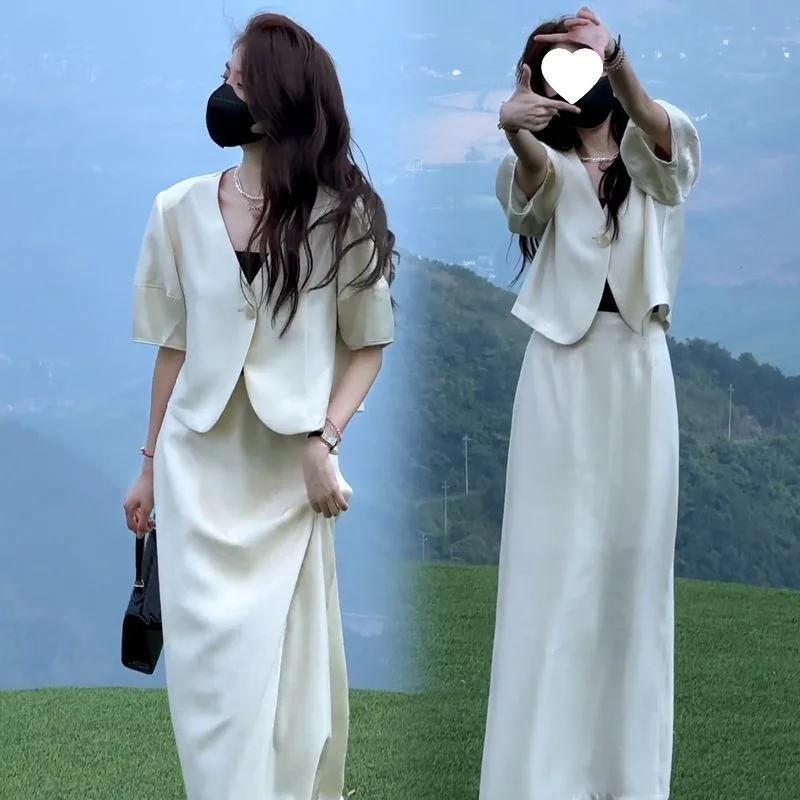 Summer Fashion Suit Set with Open Cardigan And Midi Skirt Slimming Elegant Two-Piece Ensemble Casual Pure Color Button Detail