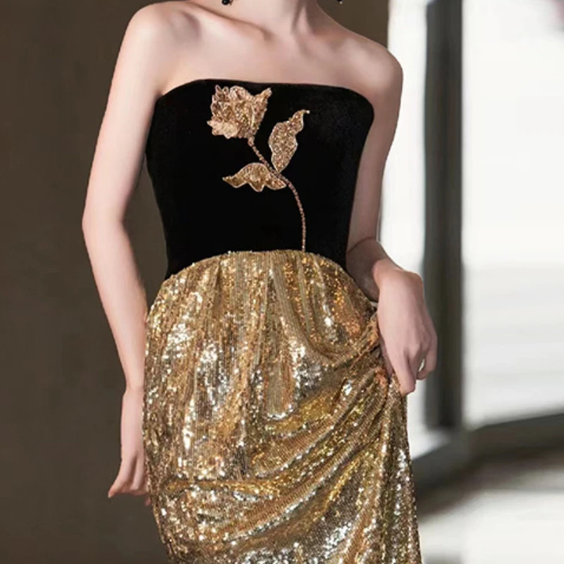 Avondjurk 2025 Tube Top Temperament Bar Mitswa Verjaardagsfeestje Jurk Zwart en Goud Fijne Flash Formele Jurk Vrouwen Elegant