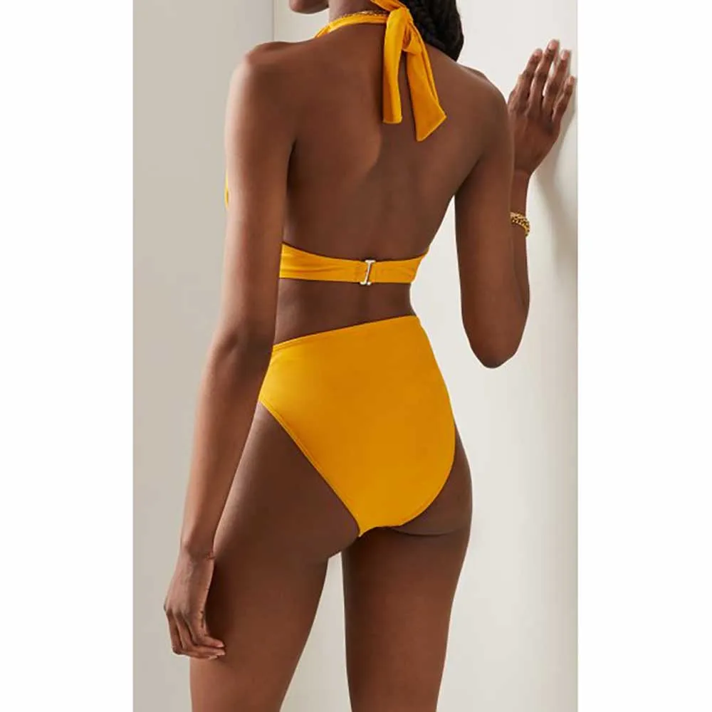 Lemon-Yellow Women's Swimwear Hanging  V Neck Solid Color Beachwear 2023  1-Piece Swimsuit Backless Beach Style Bathing  Suits