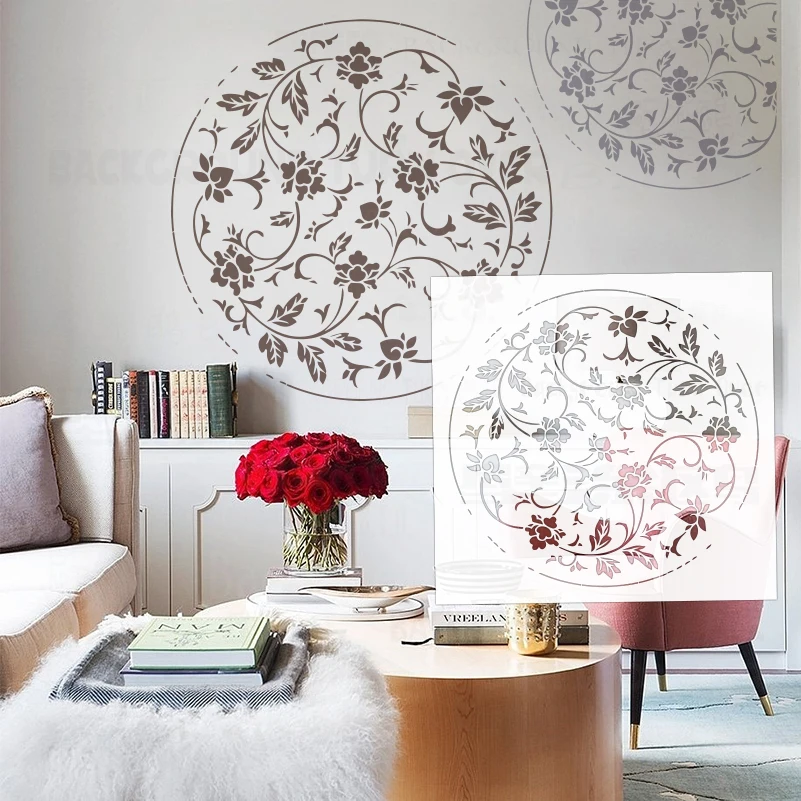 40cm - 80cm Wall Stencil For Painting Decor Decorative Plaster Template Round Flower Vintage Branch Traditional Oriental S472