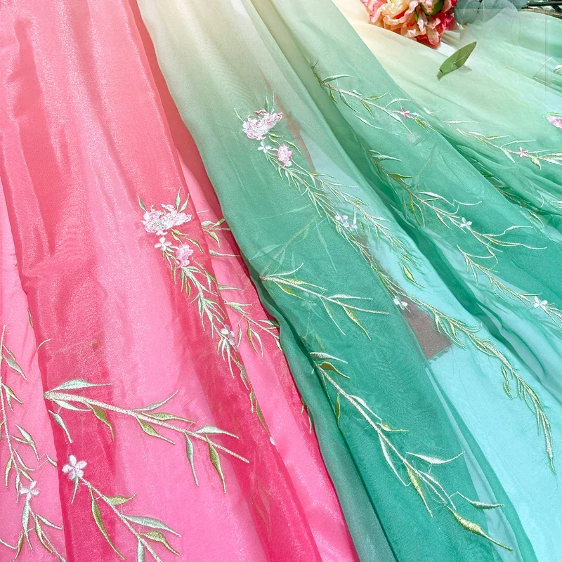 100x150cm Hanfu Guofeng Ruqun Gradient Heavy Industry Embroidery Embroidered Willow Leaf ClothDesigner Diy Fabric