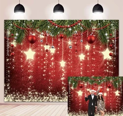 Christmas Sparkling Backdrop Xmas Tree Red Silver Xmas Balls Star Lights Photography Background for New Year Glitter Merry Xmas