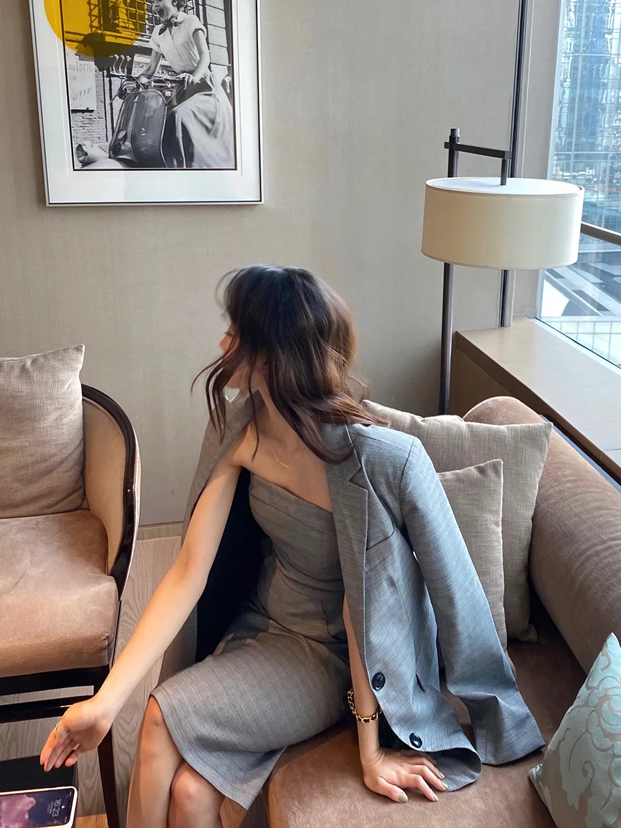 

CCZEE Grey Plaid Suit Set Dress Women's Small Fragrance Style Fashionable Spring Collection Non-Defective Item