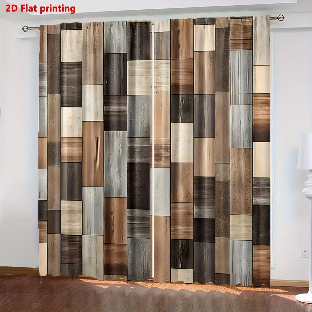 Modern Wood Grain Printed Curtains Drapes for Living Room Home Decor Beige Rustic Plank Window Treatment Curtain Panels