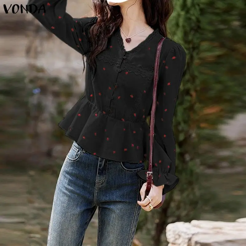 

VONDA Women Fashion Lace Blouse V-Neck Printing Shirts Casual Long Puff Sleeve Tunic Tops 2026 Spring Ruffled Female Blusas