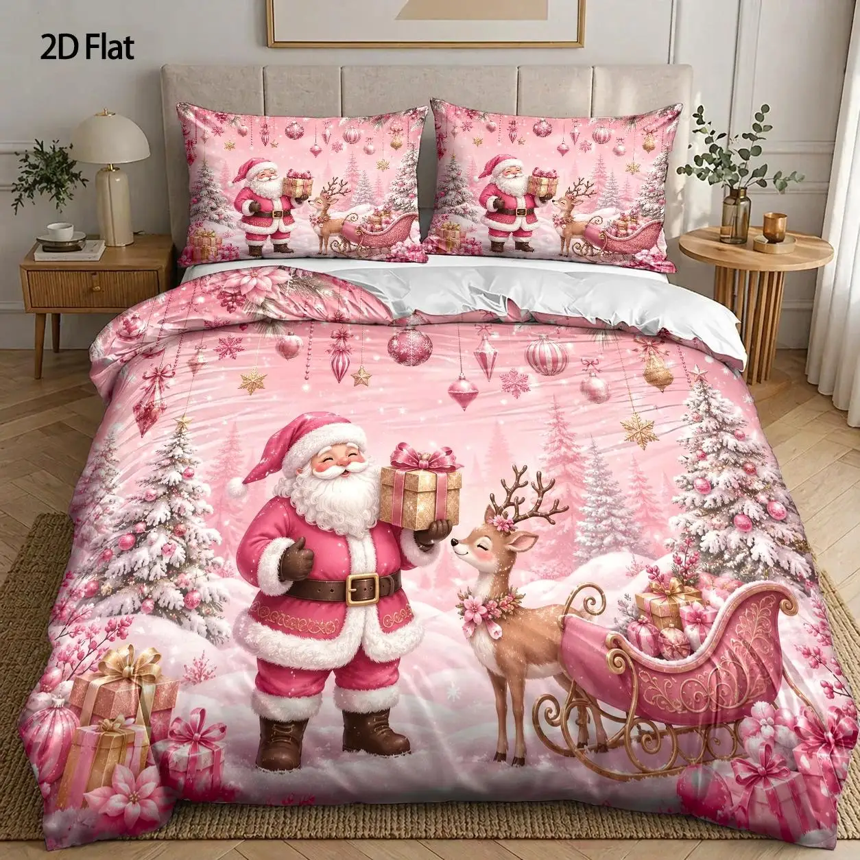 Pink Santa Claus Reindeer Duvet Cover Set 3 Piece Double Bed Polyester Breathable Invisible Zipper Duvet Cover 2 Pillowcases Student Dorm