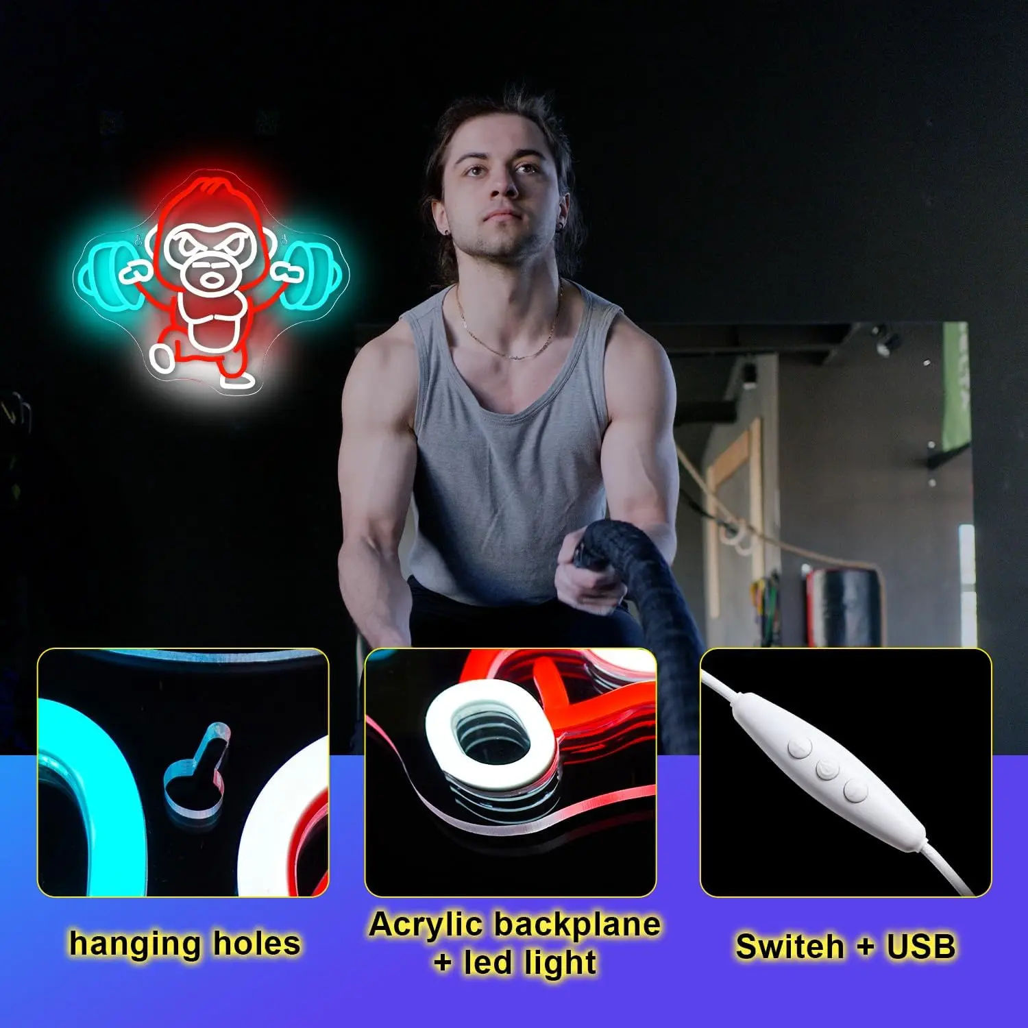 Gorilla Barbell Dumbbell Neon Sign LED Lights Anime Monkey Wall Logo Workout Room Decoration For Gym Fitness Club Garage Bedroom