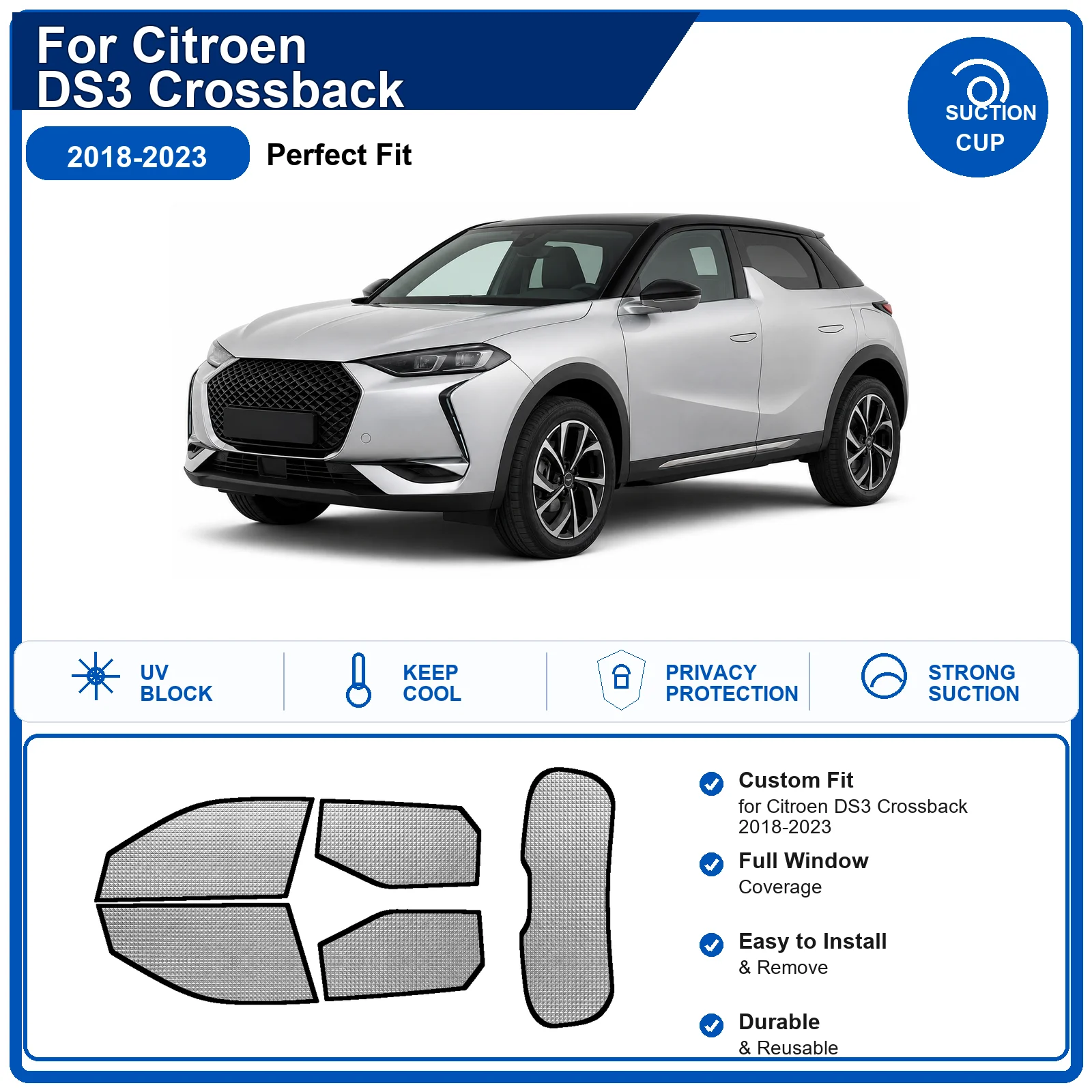 For Citroen DS3 Crossback 2018-2023 Custom Full Set Windshield Sun Shade Aluminum Foil Heat Insulation Anti UV Foldable