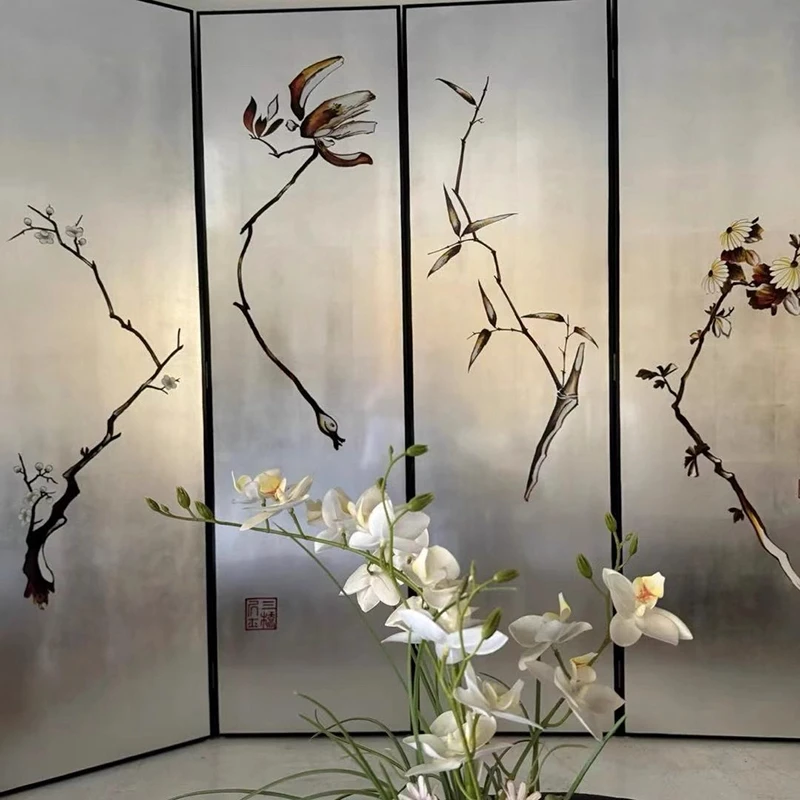 ！@Handmade Silver Leaf Byobu Japanese Room Divider Folding Screen Delicate Interior Wood Partition Printed Design Customizable