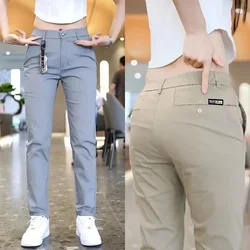 Pantalones informales de seda de hielo para hombre, pantalones de chándal sencillos de color caqui y negro, pantalones informales elásticos rectos ajustados, ropa de marca masculina