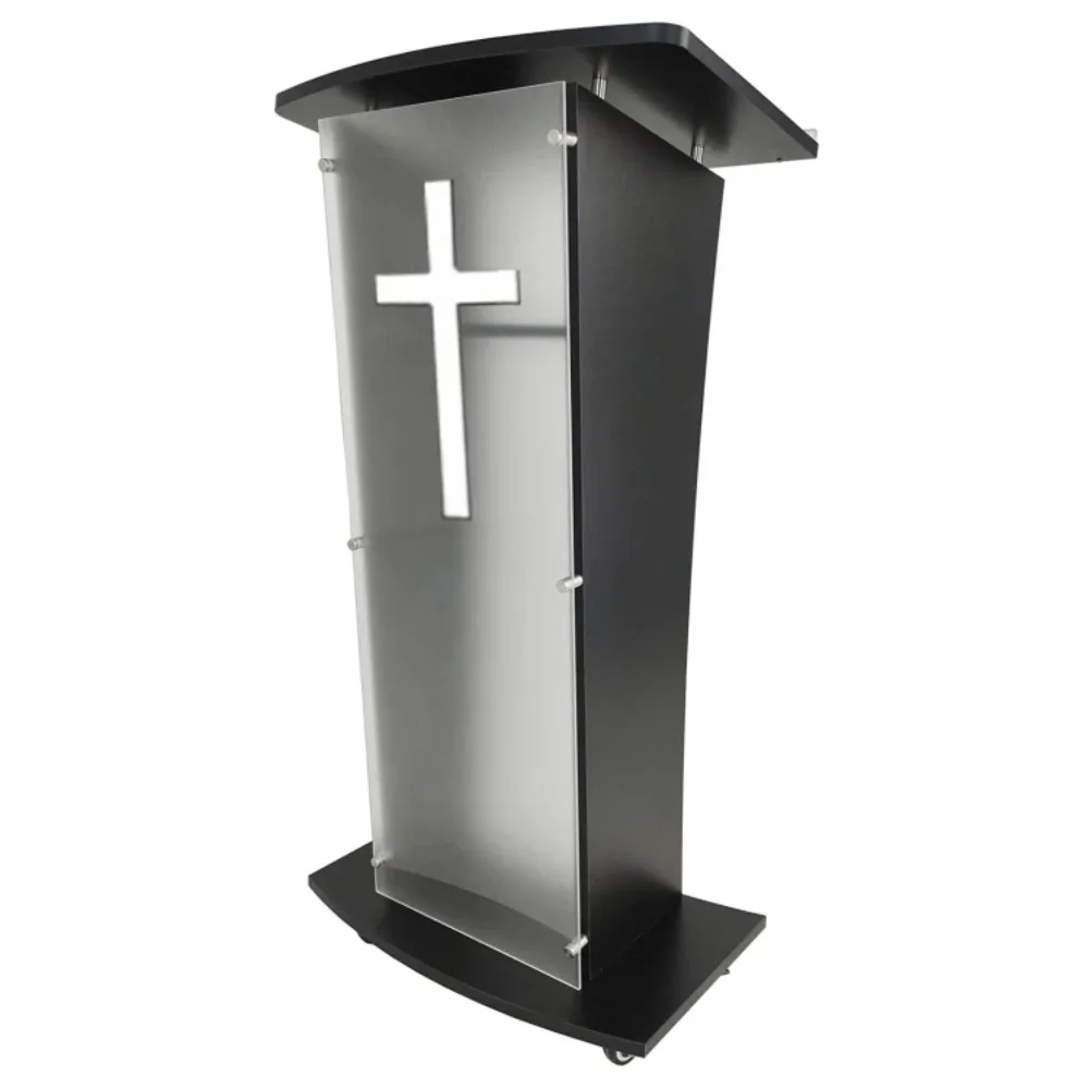 Hot SalesAcrylic  Church  Conference  Black Wood Shelf Cup Holder on Wheels with White Cross TP-004