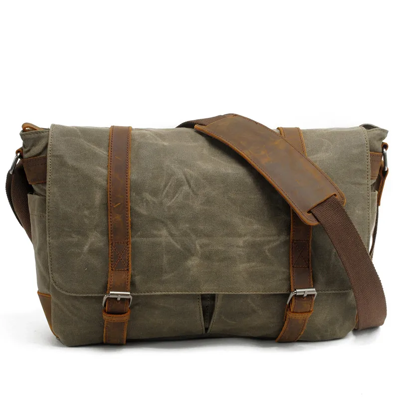 Retro Durable Waxed Canvas Men Messenger Bag Shoulder Crossbody Single Satchel Casual Daily Male Study/Work Briefcase Laptop Bag