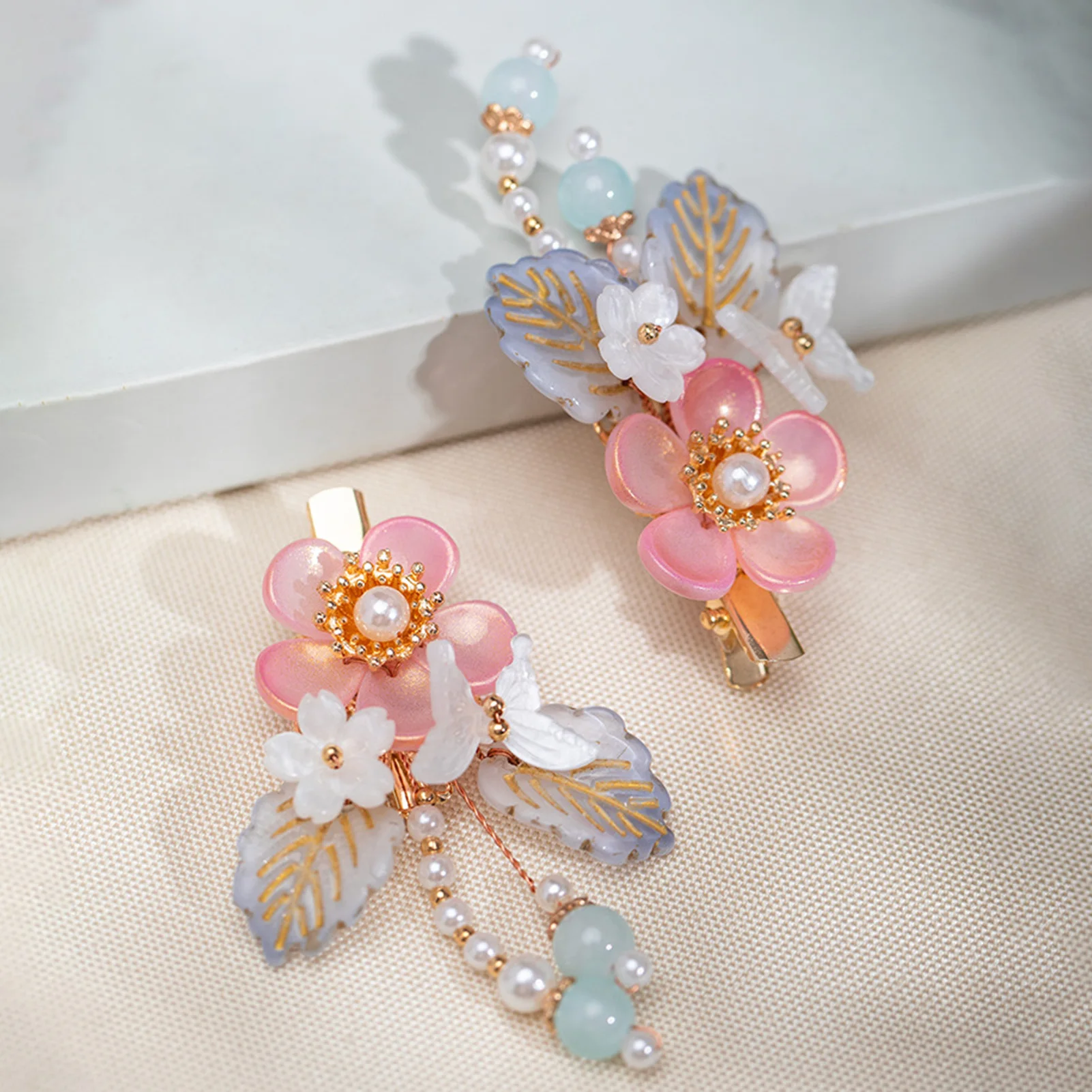 1 Paar rosa Kristallblumen-Haarspangen, chinesische antike Haarnadel-Clips, handgefertigte Haar-Clips mit Fransen, Haarnadeln für Frauen und Mädchen, Dekore
