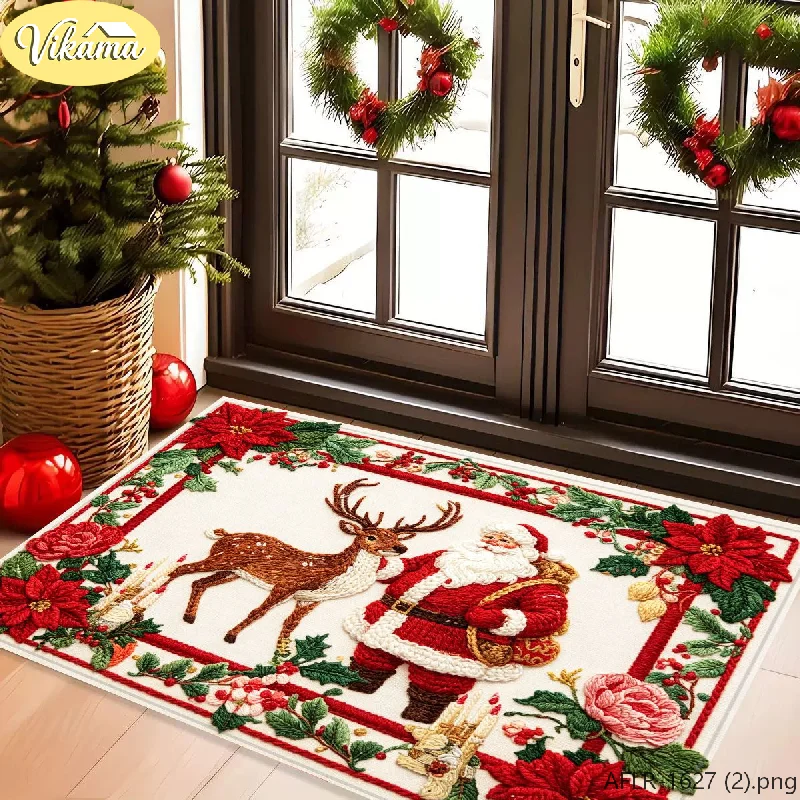 VIKAMA Retro Santa and Reindeer Christmas Rug, Embossed Embroidery-Style Non-Slip, Absorbent Floor Mat, Christmas Home Decor