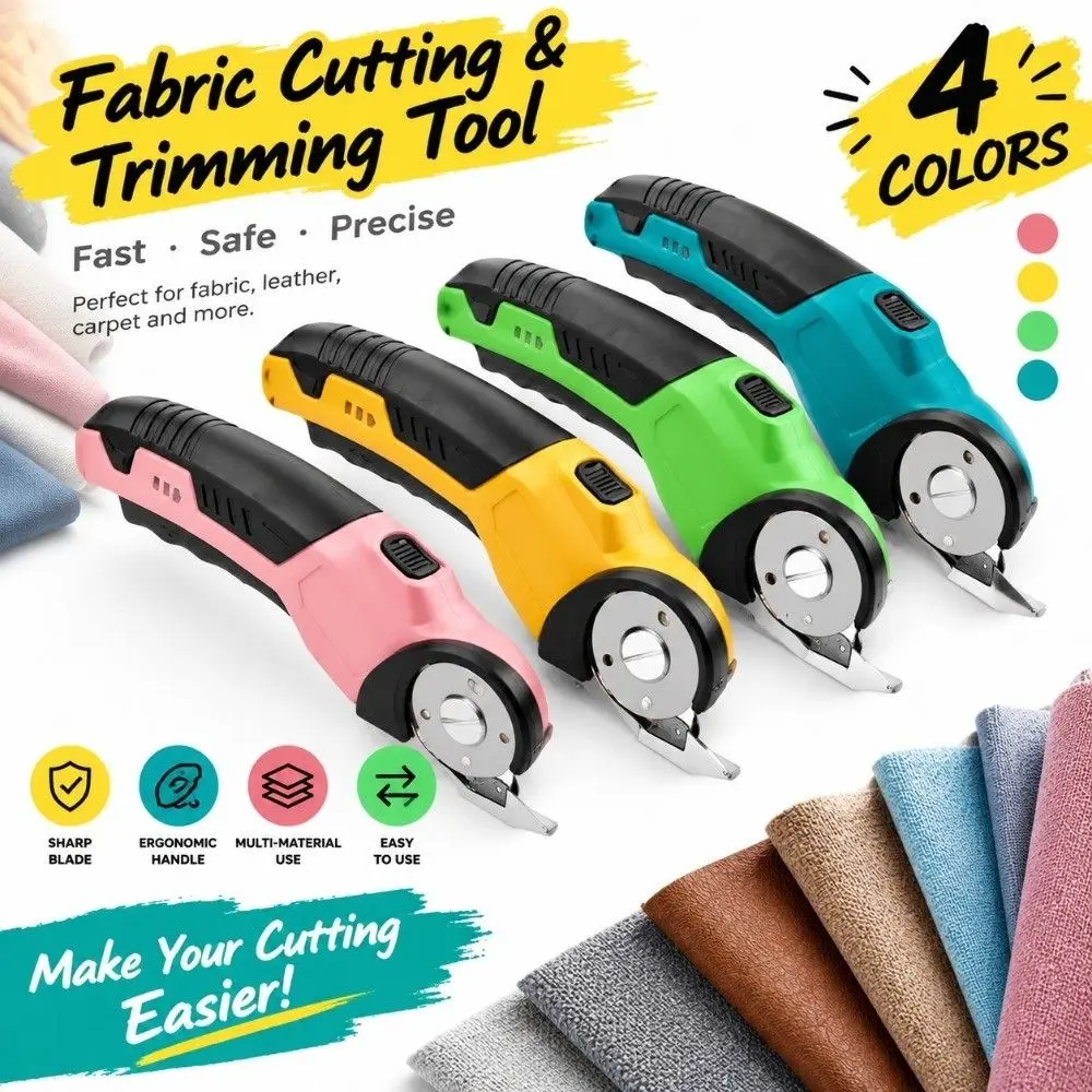 Rechargeable Cordless Rotary Cutter One-hand Operation LED Light Fabric Cutter Portable Ergonomic Grip Electric Scissors