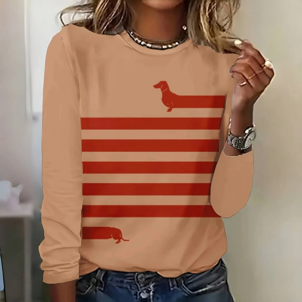 Simple Stripe Women\'s T-shirts Funny Dachshunds Print Long Sleeves T shirt Designer Women Clothing Pullover Fall Cotton Tops