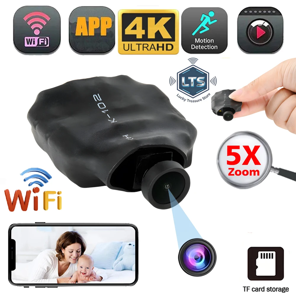 Mini caméra 4K HD sans fil WIFI, prend en charge le zoom 5X, la détection de mouvement, la visualisation à distance, 120 °   Caméra DIY pour nounou en direct