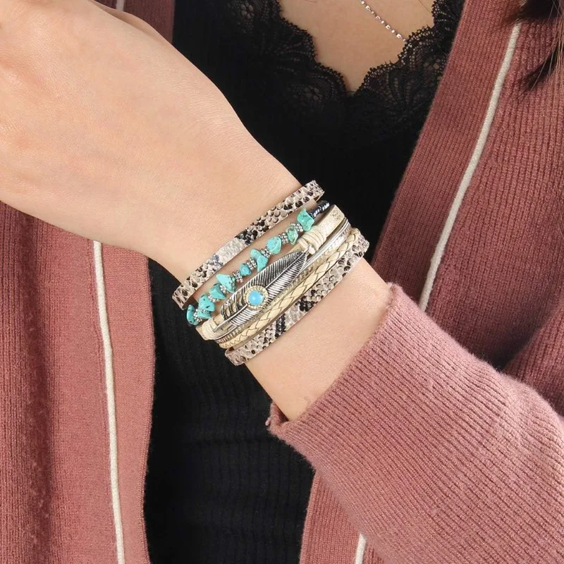 Boho Leather Cuff Multi Strand Wrap Bracelet Turquoise Feather Wristbands Bracelets  Jewelry Gifts for Women Wife Sist