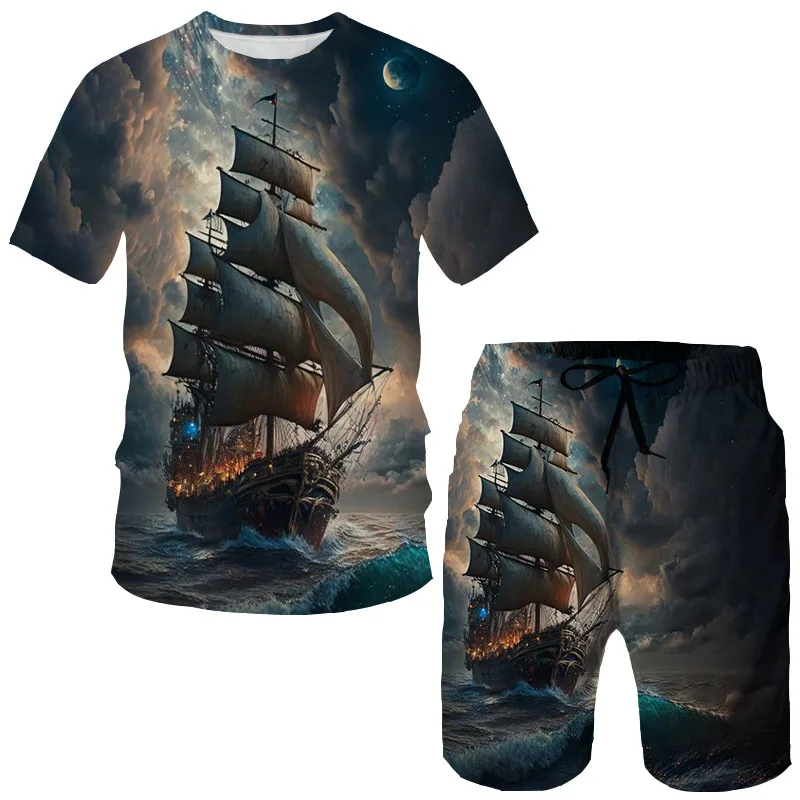 Zomer Piratenschip 3d Print T-Shirts Shorts Sets Heren Trainingspakken Oversized T-Shirt Met Korte Mouwen Broek Set Man Suits Kleding