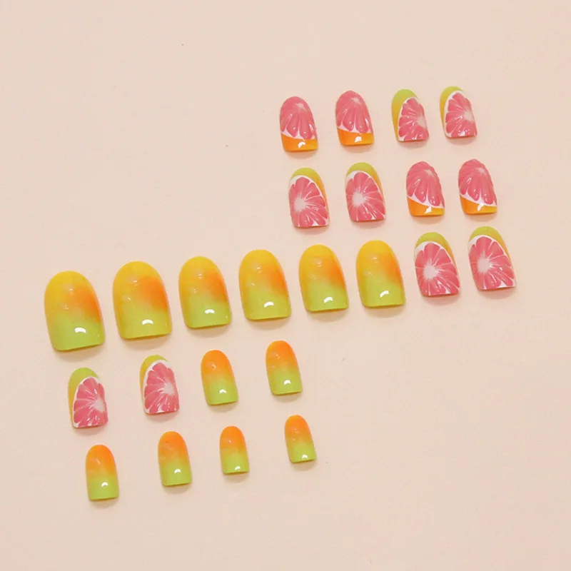 24pcs 3D Red Grapefruit False Nails Long Almond Press On Acyrlic Nails French Tip Fruit Y2k Yellow Gradient Fake Nails Wearable