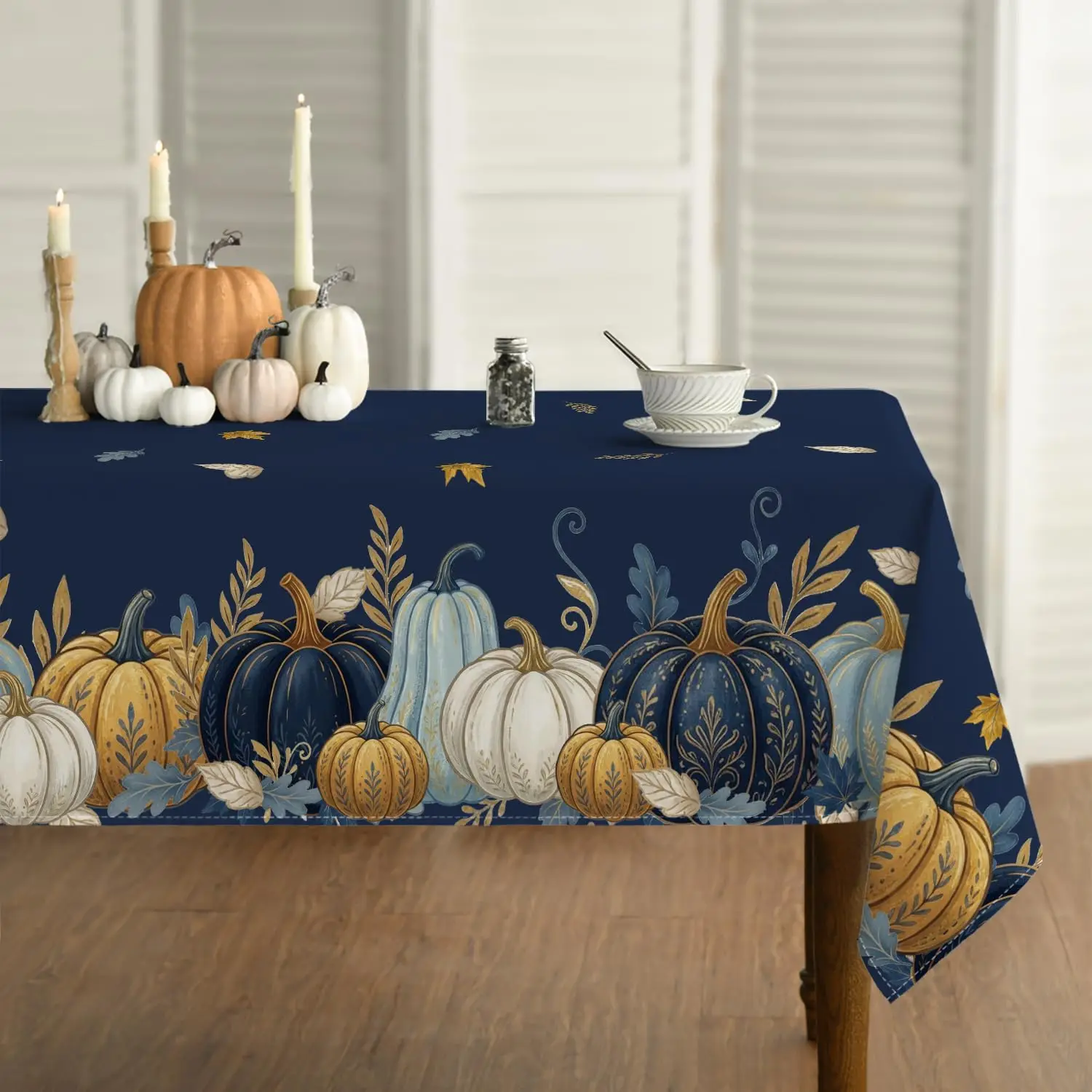 Fall Pumpkin Maple Leaves Blue Tablecloth for Table Decor Reusable Autumn Harvest  Kitchen Dining Table Cloth Thanksgiving Decor