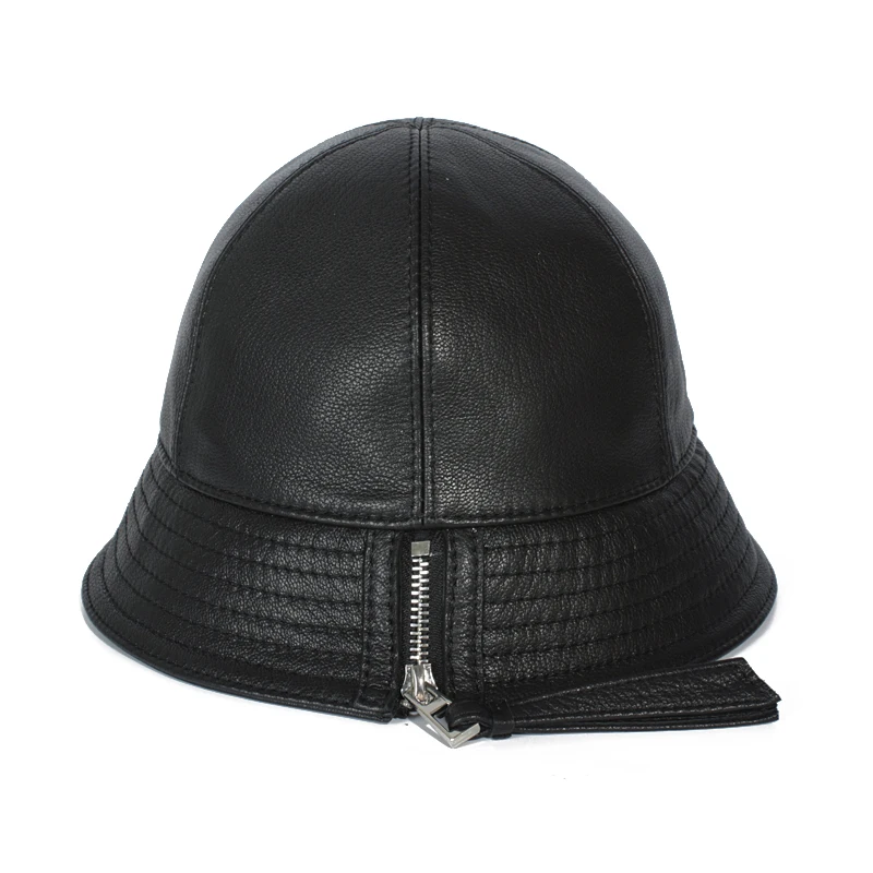 Korean/Japanese Fashion Spring Women Genuine Leather Bucket Hats Female Zipper Street Basin Caps Men Fishing Brown Gorra