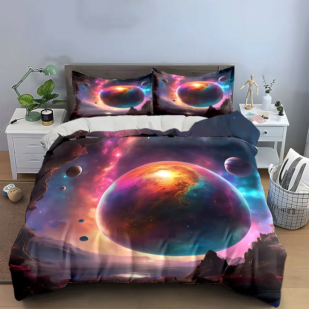 Colorful Planet Landscape Decor Bedding Set with 1 Duvet Cover 2 Pillowcases Single Double King Queen, Gift