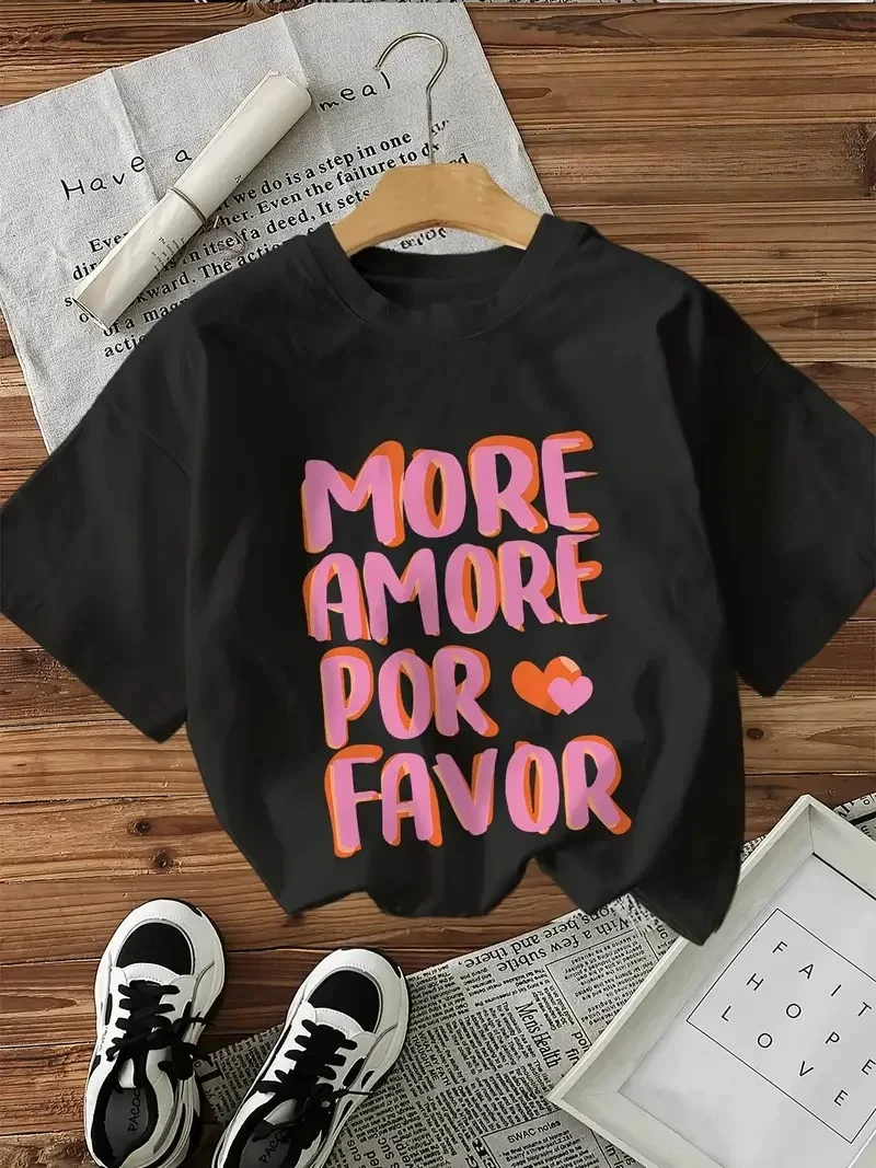MORE AMORE POR FAVOR Graphic Print with Hearts T-Shirts Female T Shirts Tees Tops Women Clothing Ladies Tshirts