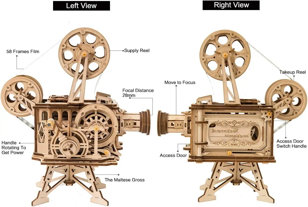 Robotime ROKR proiettore a manovella Film classico vitasface 3D Puzzle in legno modello di costruzione giocattoli per bambini adulto LK601