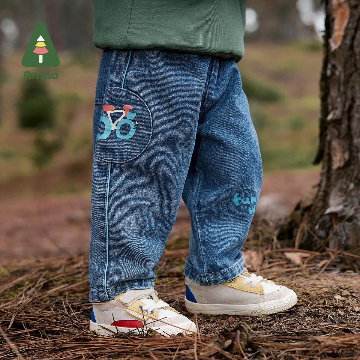 Amila Baby Pants 2023 New Autumn Casual ChildrenTwill Denim Contrasting Colors Printing Loose Boys  Kids Clothes Fashion