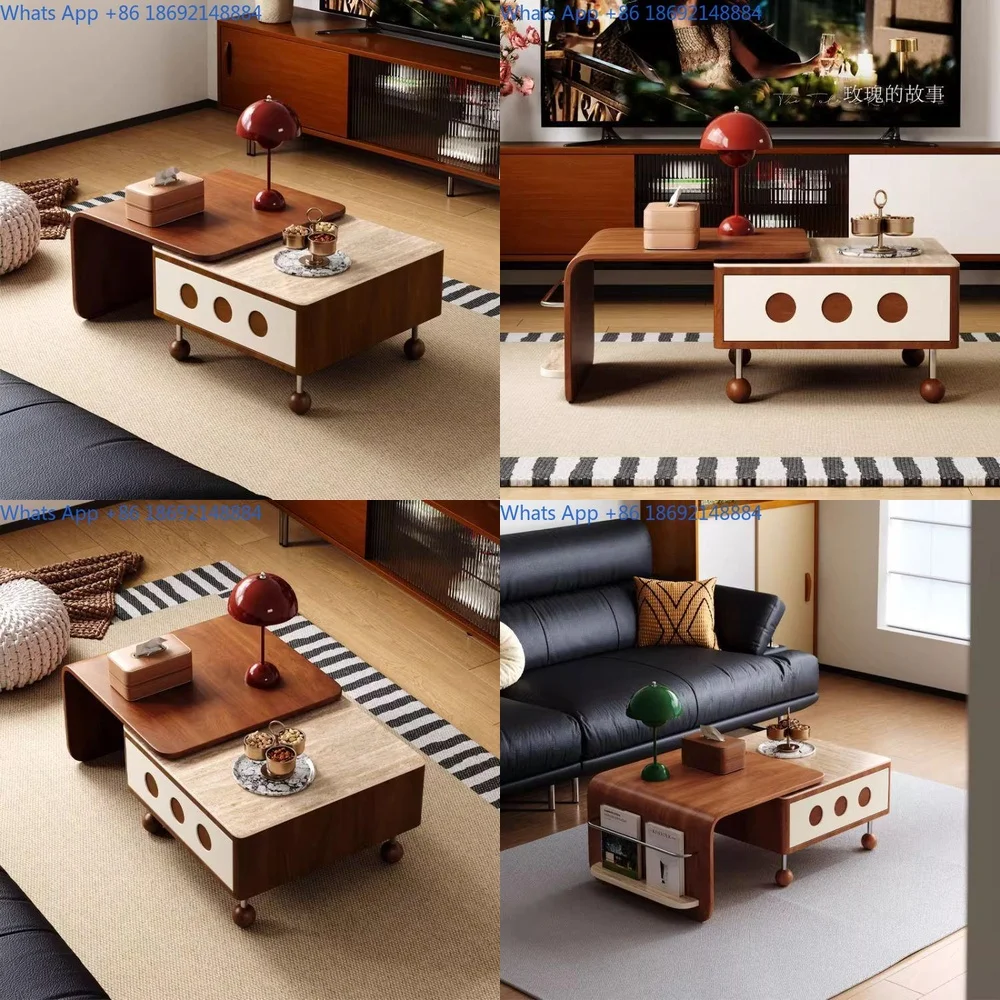 

French retro solid wood coffee table living room home small apartment vintage style elegant minimalist luxury stone slab design