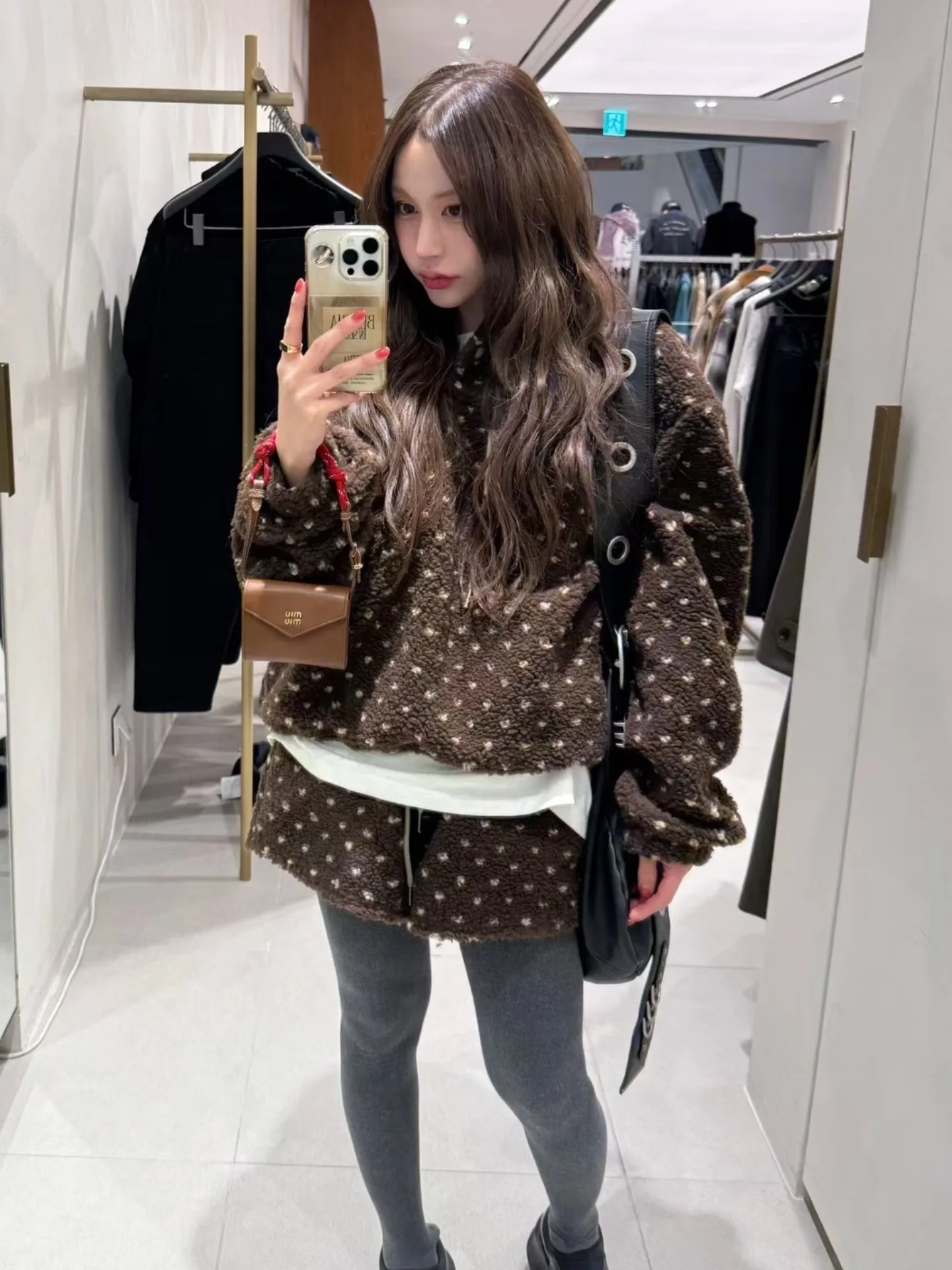 Модный комплект из меха ягненка, толстовка Fce с высокой талией, женские зимние брюки с вышивкой в виде сердца, брюки