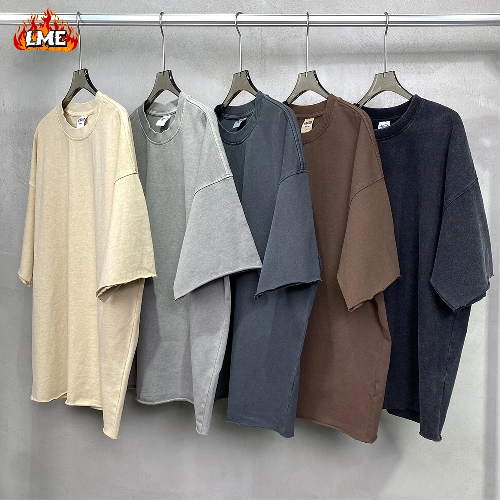

2025 New Arrival 305g Vintage Acid Washed Rolled Edge 5 Color Plain Blank Oversized Drop Shoulder Men's Short Sleeved T Shirt