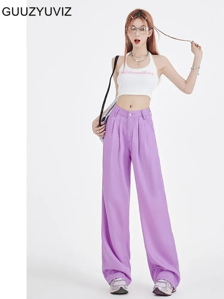 

GUUZYUVIZ Summer Candy Colored Lyocell Loose Wide Leg Jeans Woman Casual Thin Denim Pants