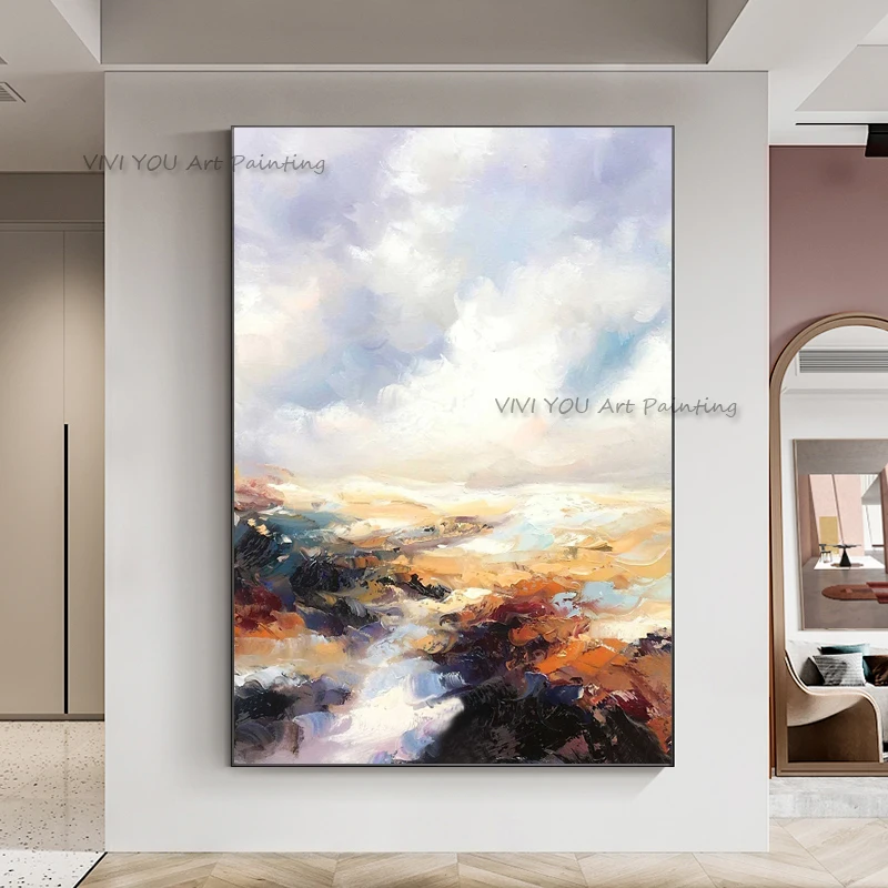 Handpainted Thick Palette Knife Colorful Coast Abstract Oil Painting Soft Sky Tone Tall Canvas Modern Entry Decor