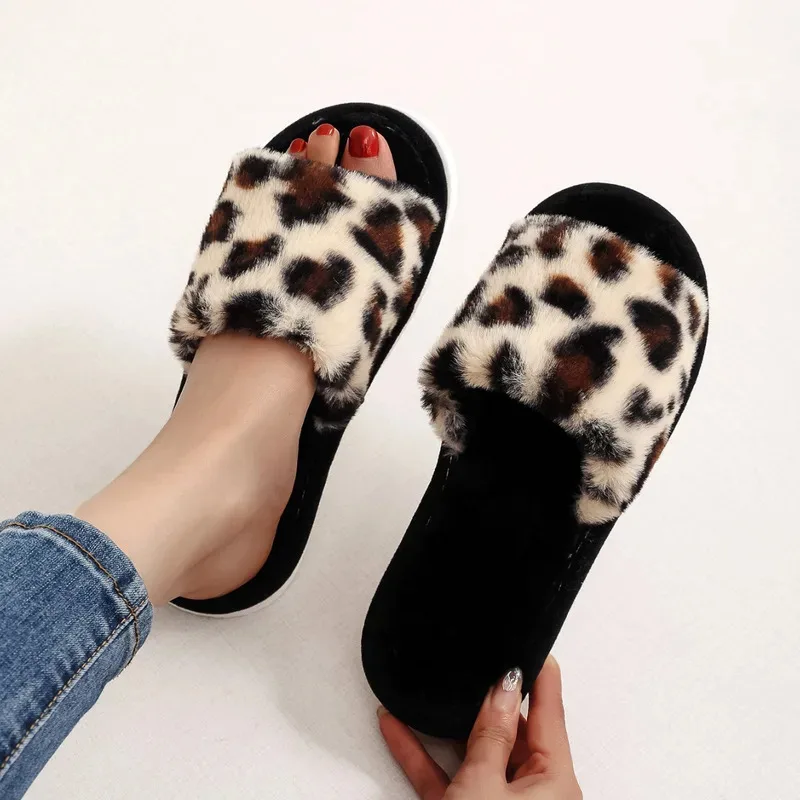 

Autumn Winter Leopard Print Slippers Women's Fashion Plush Fur Slides Home Flip Flops Indoor Warm EVA Anti Slip Living Room Shoe