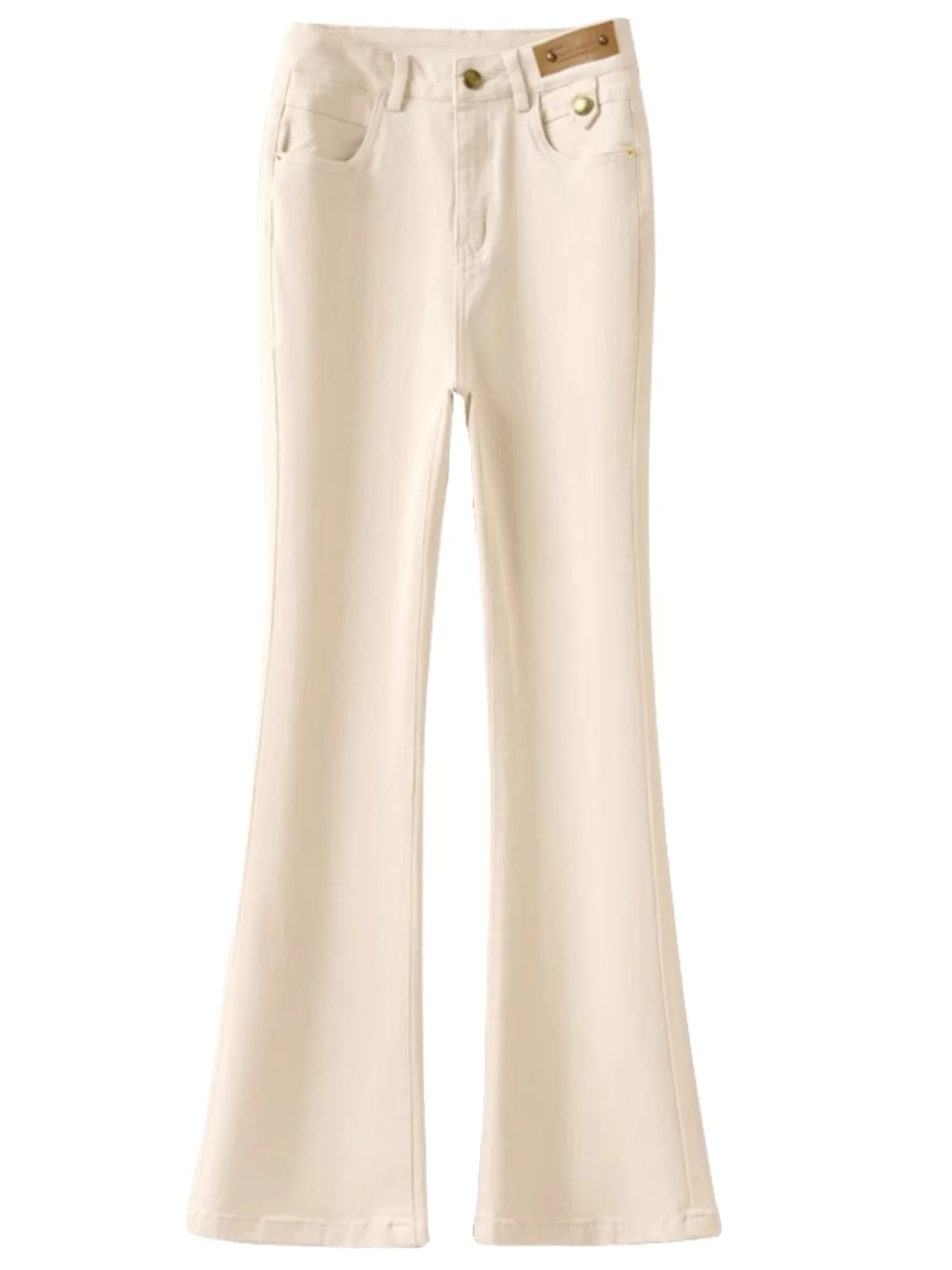 กางเกงขายาวทรงกระดิ่งเอวสูงผ้าฝ้ายสำหรับผู้หญิง สีกากี สไตล์ลำลอง เหมาะสำหรับฤดูใบไม้ผลิและฤดูใบไม้ร่วง แฟชั่นกางเกงยีนส์ผู้หญิง