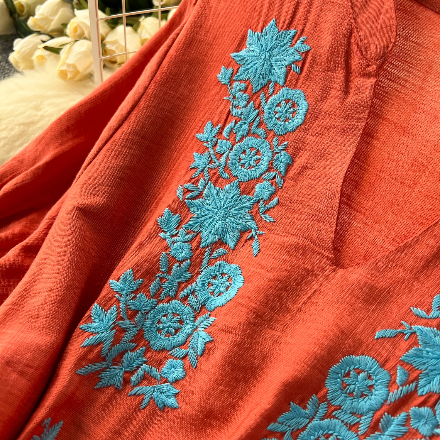 Retro embroidery v neck Dress puff Sleeve loose Beach Vacation Women Korean Fashion Summer Vestidos dresses