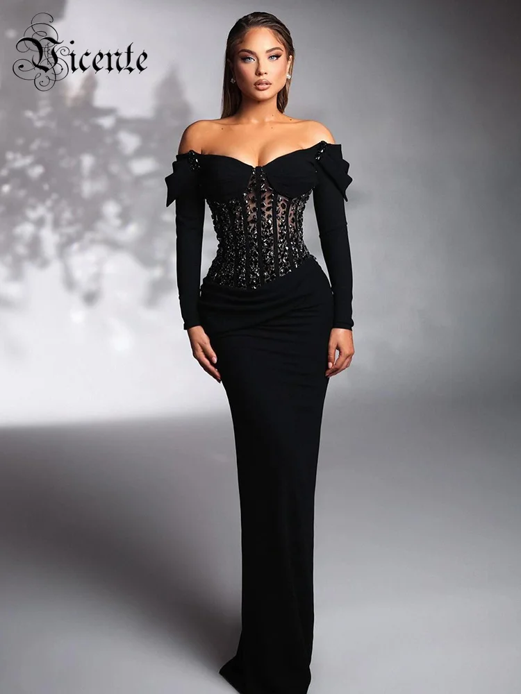 

VC Sexy Mermaid Evening Dresses Black Long Sleeve Crystal Prom Gown Corset Off The Shoulder Satin Surface Shining Sequins Dress